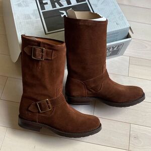 Frye Women's Natalie Mid Engineer Suede Boots Brown Size 5.5B NWT